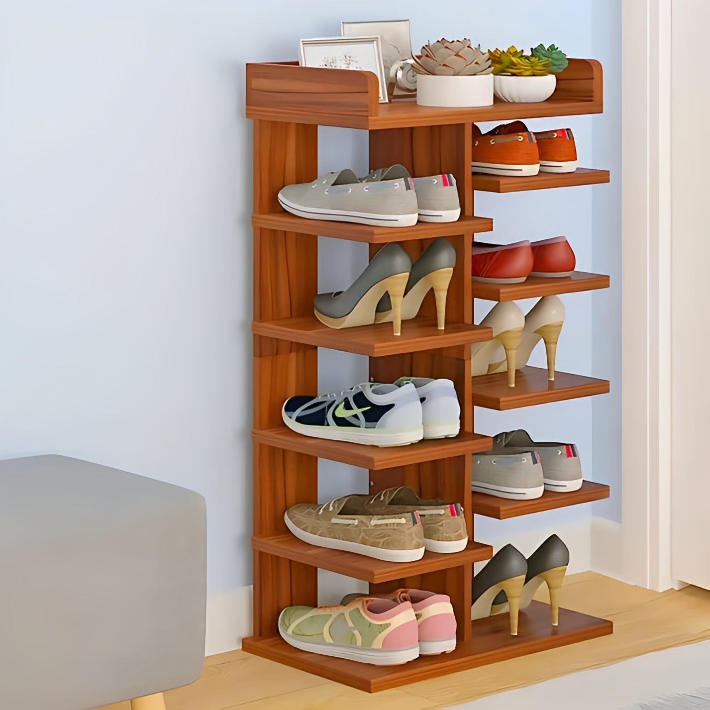 Wooden 6-Layer Double Row Shoe Rack For Office & Home
