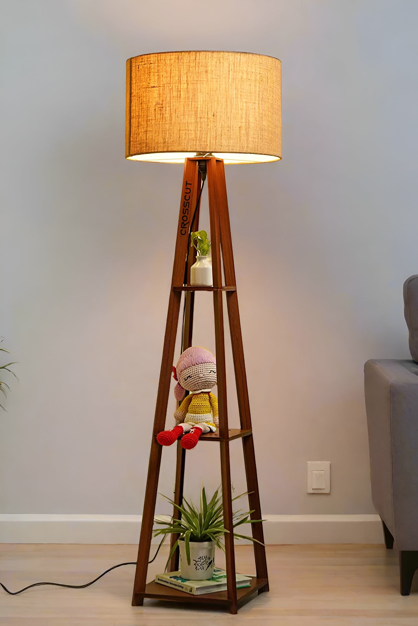 Wooden Floor Lamp Stand With Jute Shade, Bulb And Holder