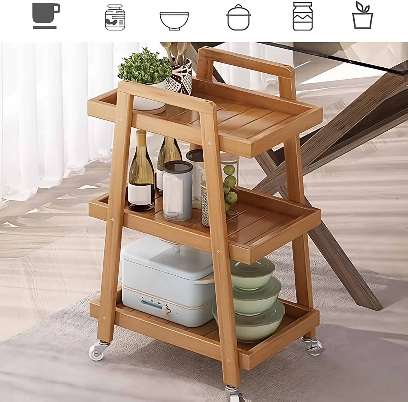3-tier wooden serving trolley with wheels, often used in kitchens or dining areas for storage and serving