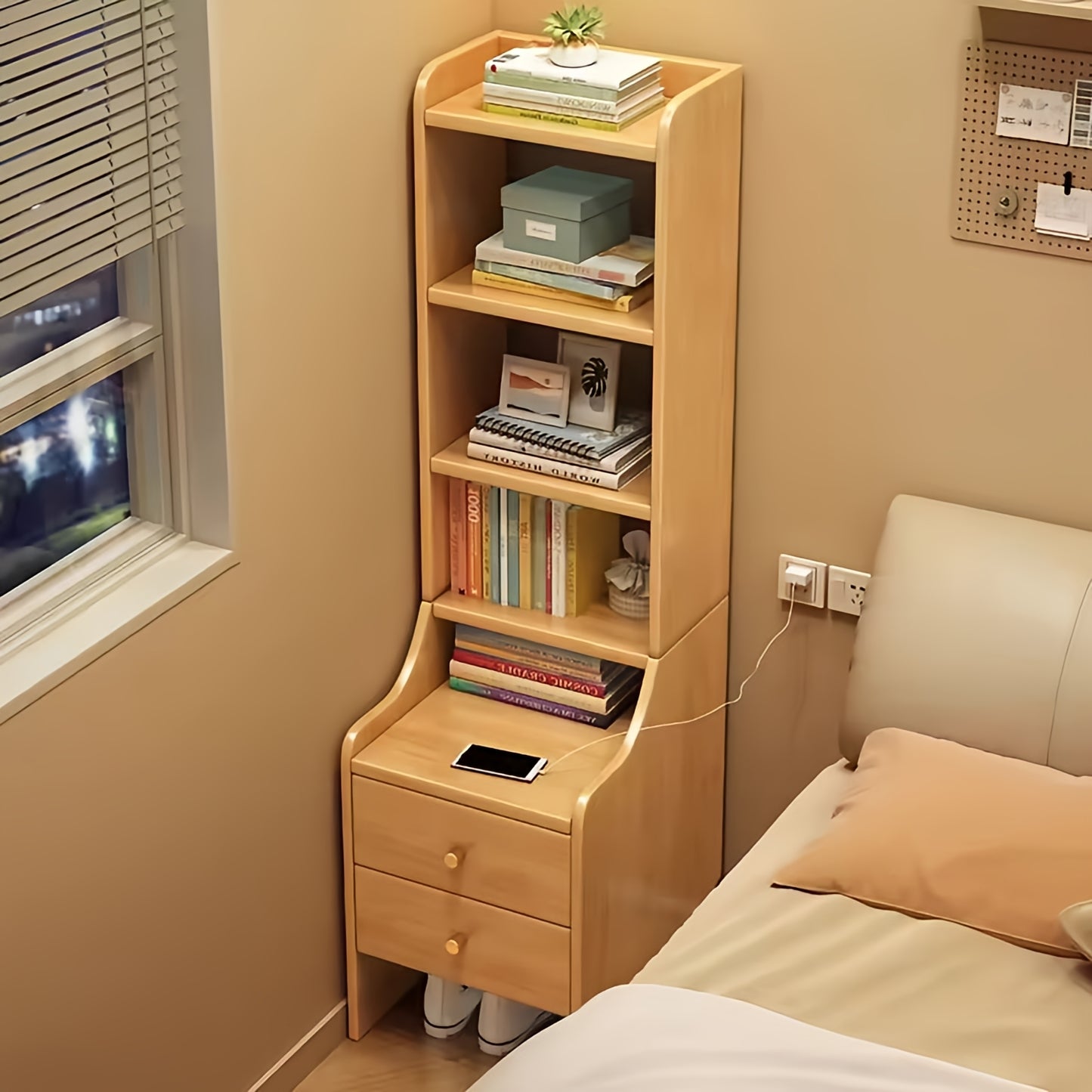 Bedside Table. Modern bedside shelf with storage cabinet. Perfect for small spaces, featuring a 5-tier organizer with 2 drawers.