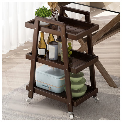 3-tier wooden serving trolley with wheels, often used in kitchens or dining areas for storage and serving