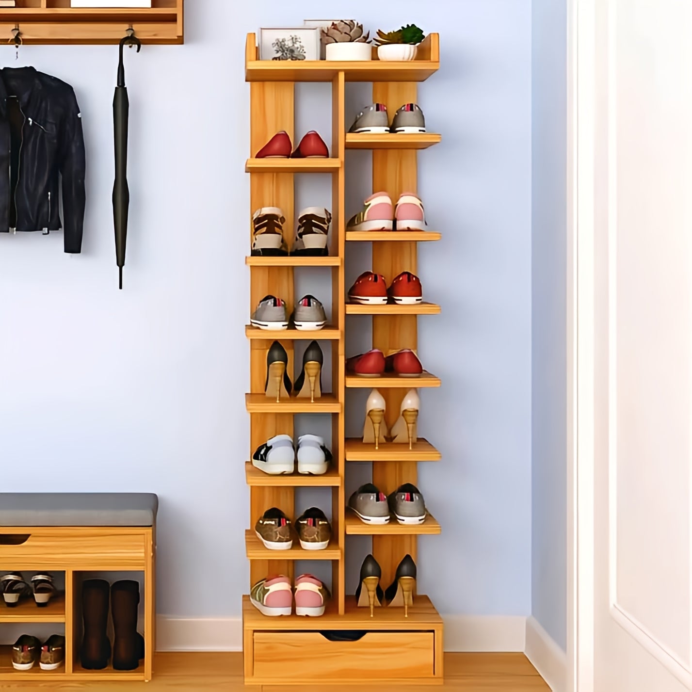 Stylish Wooden Shoe Rack Double Row Shoe Organizer Rack