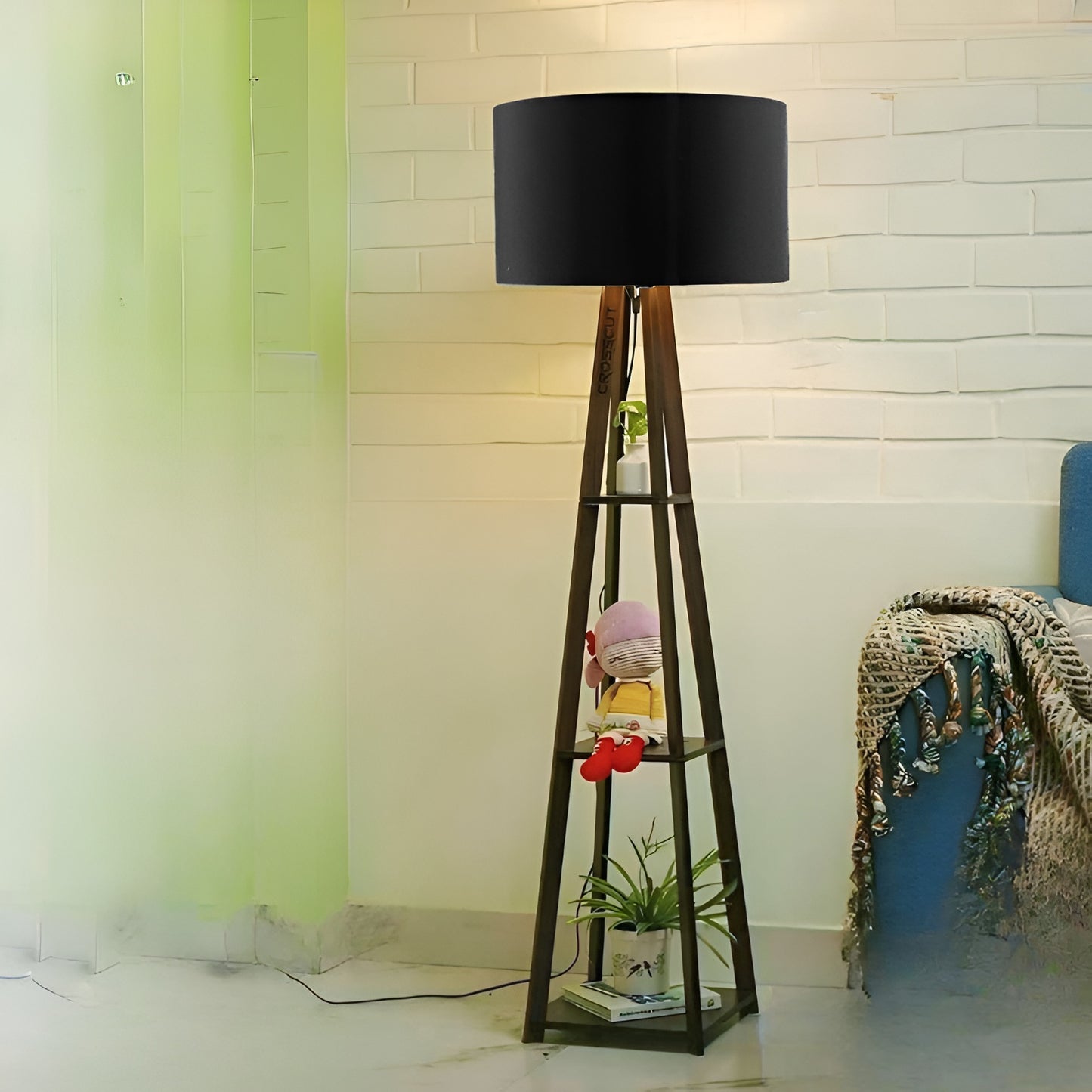 Wooden Floor Lamp With Black Shade, Bulb And Holder