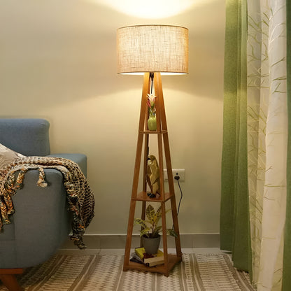 Wooden Floor Lamp Stand With Jute Shade, Bulb And Holder