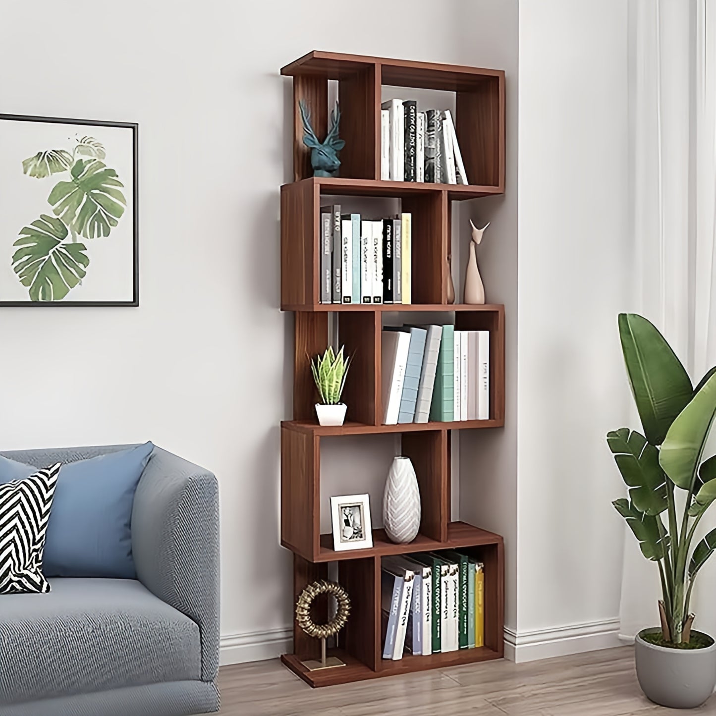 Function Home 5-Tier Bookshelf, Wooden S-Shaped Bookcase