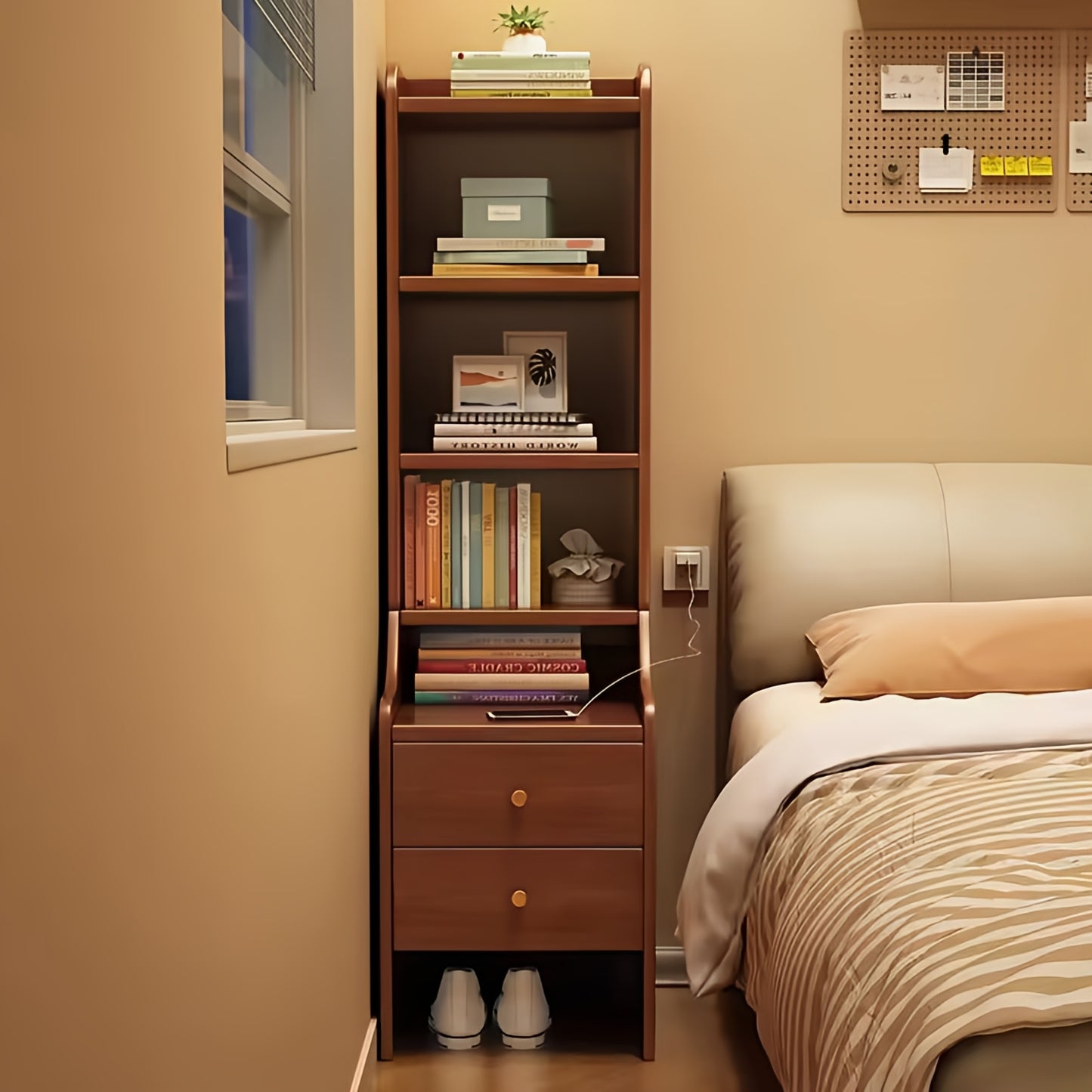 Bedside Table. Modern bedside shelf with storage cabinet. Perfect for small spaces, featuring a 5-tier organizer with 2 drawers.