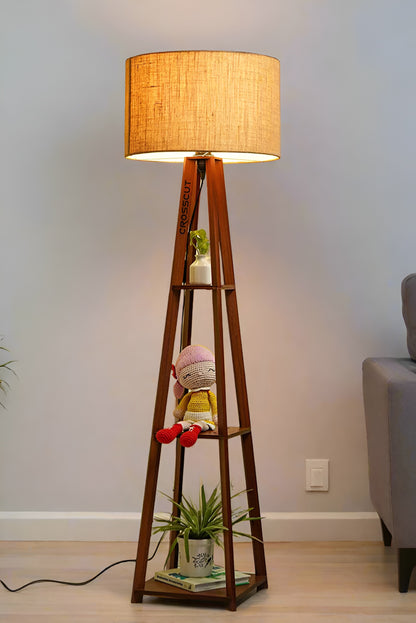 Wooden Floor Lamp Stand With Jute Shade, Bulb And Holder
