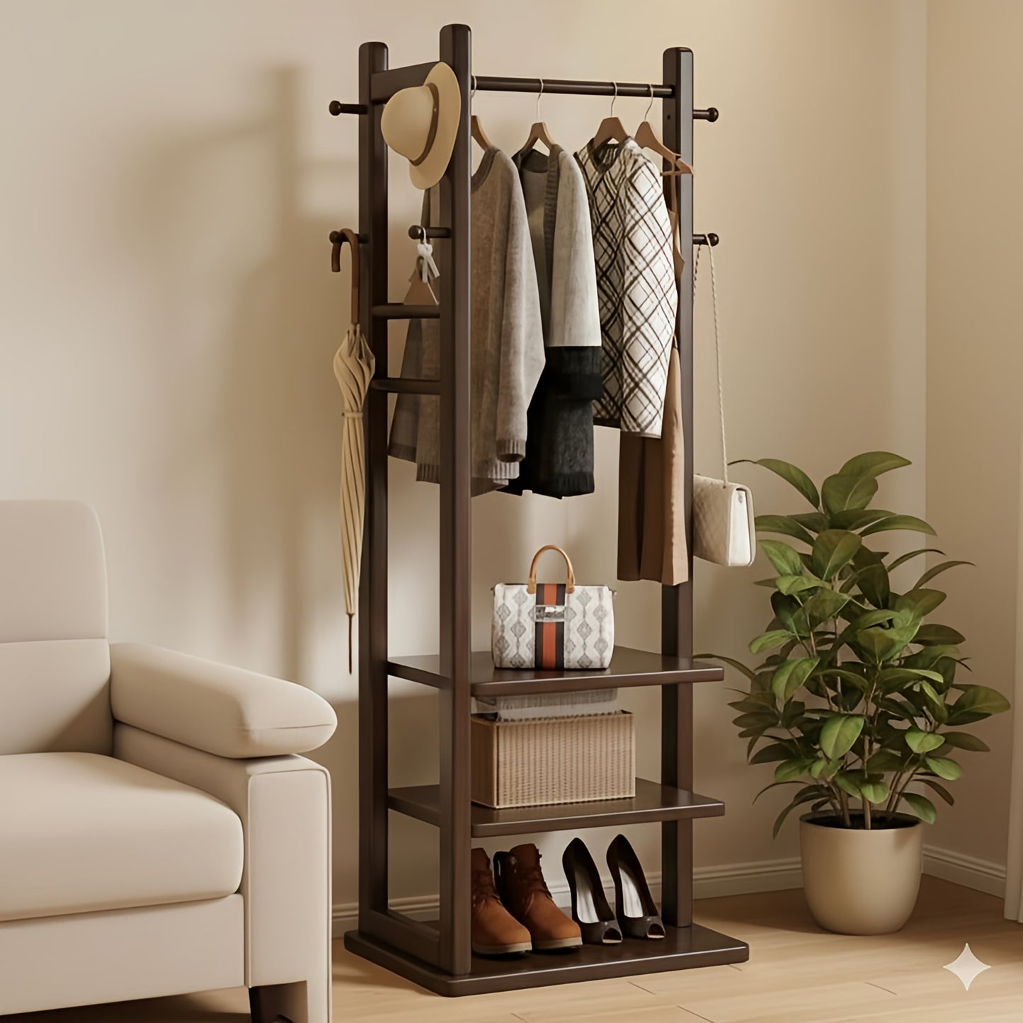 Wooden Multi Layer Alna With 6 Hook And 3 Shelf For Bedroom| wooden cloth stand