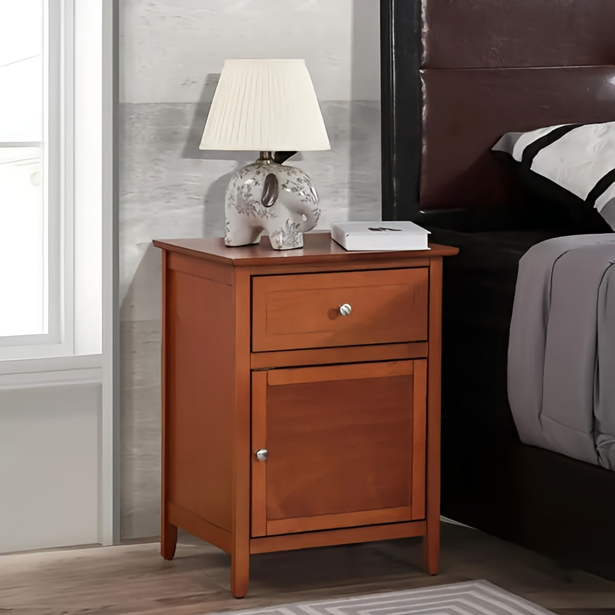 Wooden Bedside Table with Cabinet