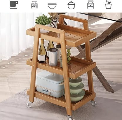 3-tier wooden serving trolley with wheels, often used in kitchens or dining areas for storage and serving