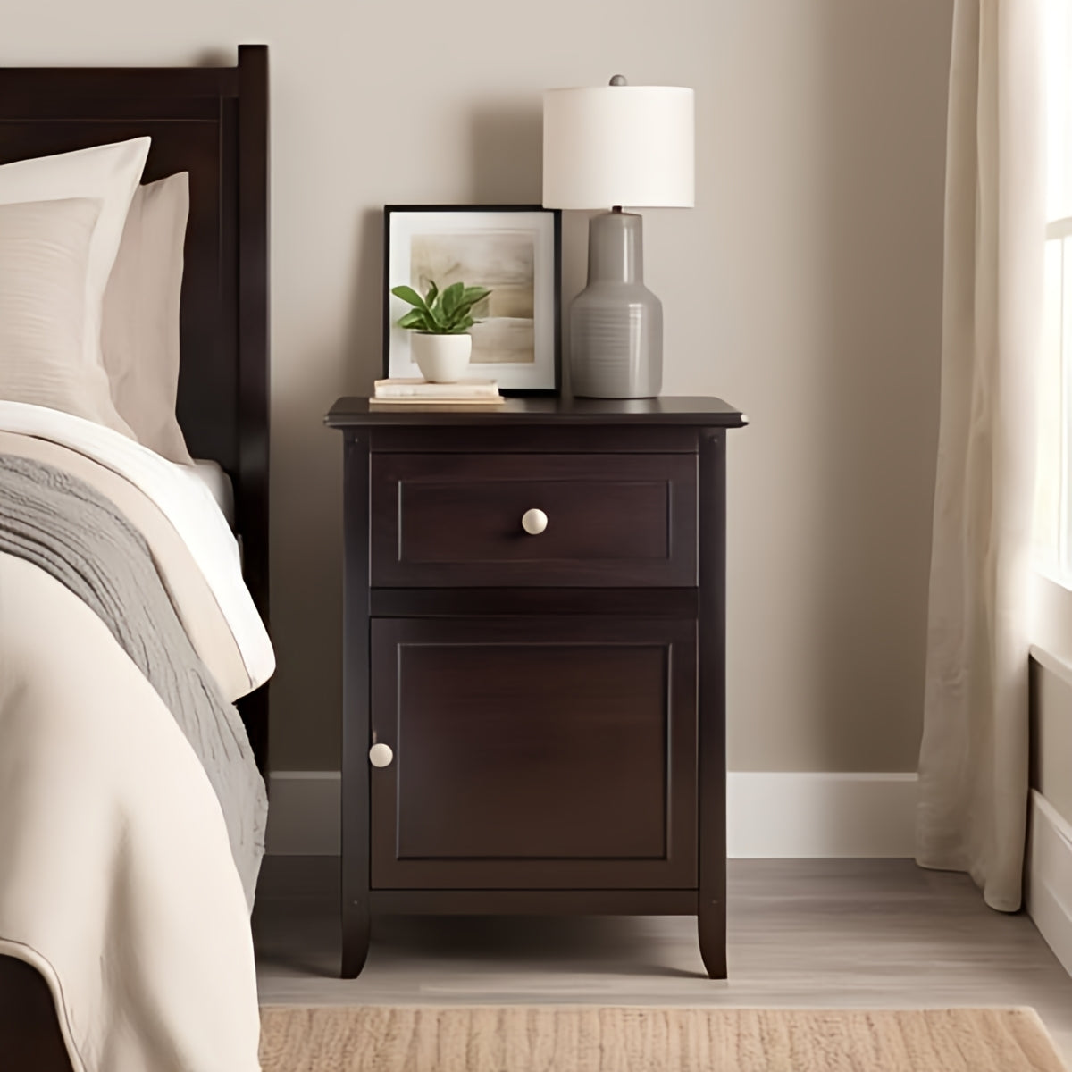 Wooden Bedside Table with Cabinet