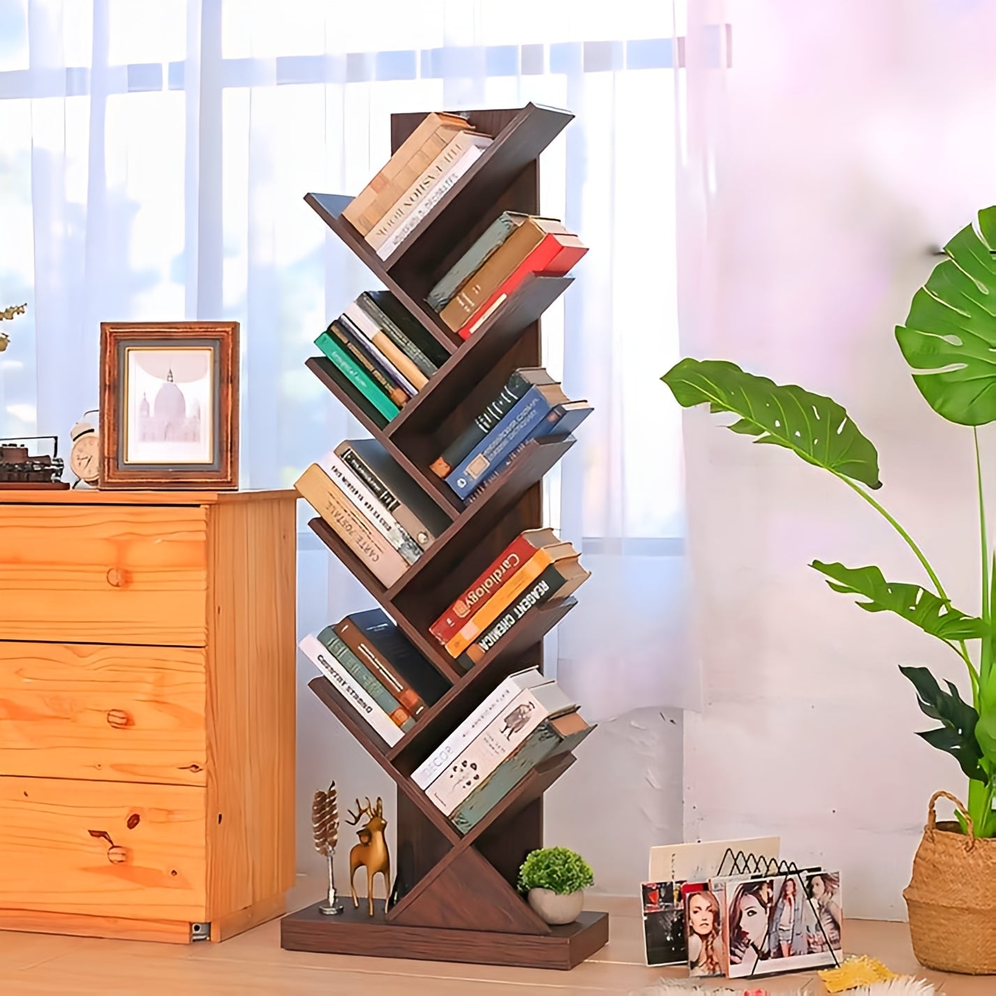 Wooden 9-Tier Tree Shape Book Shelf | Wooden Tree Shape Bookshelf for Office & Home